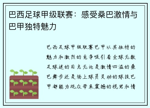 巴西足球甲级联赛:感受桑巴激情与巴甲独特魅力 巴西足球甲级联赛:感受桑巴激情与巴甲独特魅力