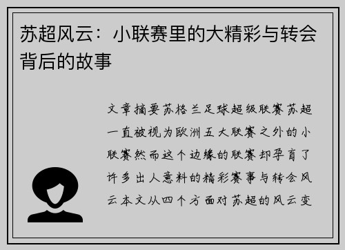 苏超风云:小联赛里的大精彩与转会背后的故事 苏超风云:小联赛里的大精彩与转会背后的故事