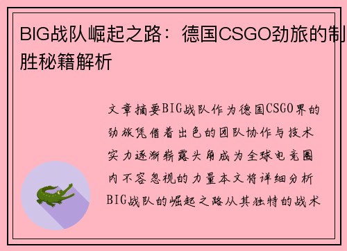BIG战队崛起之路:德国CSGO劲旅的制胜秘籍解析 BIG战队崛起之路:德国CSGO劲旅的制胜秘籍解析
